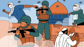 L'image représente une scène de conflit avec des personnages portant des casques et des vêtements militaires, certains tenant des armes, tandis que d'autres semblent préparer ou lancer des projectiles. En arrière-plan, on distingue un bâtiment avec un dôme. L'atmosphère est dynamique, illustrant une situation tendue et chaotique. Les personnages semblent engagés dans une confrontation, soulignant des thèmes de lutte et de résistance.