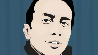 L'image représente un portrait stylisé d'un homme. Son visage est dessiné de manière simple et artistique, avec des traits marqués. Il a les cheveux noirs et une expression sereine. Le fond est de couleur bleue, avec des lignes verticales qui ajoutent de la texture à l'ensemble. L'image semble avoir été créée dans un style graphique moderne.