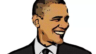 L'image représente un portrait stylisé d'une personne souriante, avec des touches de couleurs vives et un effet de pointillisme. La personne est habillée en costume, avec une cravate, et semble être en profile. Le fond est blanc, ce qui met en avant le visage et l'expression joyeuse de l'individu. Le style est moderne et graphique, avec des contours marqués et des ombres accentuées.