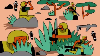 L'image représente des soldats dans un environnement de jungle ou de savane. On peut voir plusieurs soldats, certains utilisant des jumelles, d'autres armés, infiltrés parmi les rochers et la végétation, qui est stylisée avec des formes simplifiées. L'arrière-plan présente des arbres caractéristiques, et des icônes évoquant des munitions ou des objets militaires avec le label "USA". L'ensemble dégage un air dynamique avec une palette de couleurs vives.