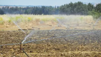 L'image montre un champ arrosé par un système d'irrigation. Des tuyaux sont disposés au sol, projetant de l'eau sur le sol sec. En arrière-plan, on peut voir des collines verdoyantes et des arbres. Le ciel est dégagé, et il semble faire beau. L'ensemble évoque une scène rurale liée à l'agriculture.