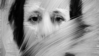 L'image représente un portrait dont les traits sont flous et estompés, créant un effet abstrait. Les lignes de pinceau noires et blanches se croisent, donnant une impression de mouvement et de texture. Le visage est à peine reconnaissable, ce qui accentue le caractère mystérieux de l'œuvre.