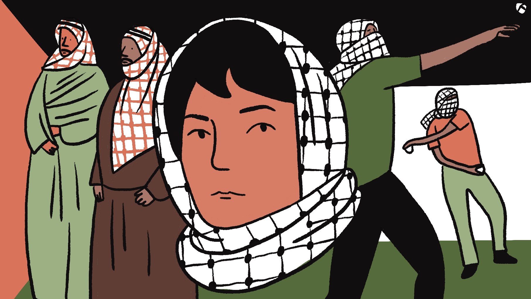 L'immagine mostra un gruppo di figure illustrati in uno stile grafico semplice e stilizzato. Al centro, c'è un volto di un giovane, con un copricapo che ricorda un keffiyeh. Intorno a lui, ci sono altre persone che indossano anch'essi keffiyeh e abiti tradizionali. Una figura è in movimento, apparentemente lanciando qualcosa, mentre le altre sembrano in piedi, con un'espressione seria. Lo sfondo è diviso in vari colori, creando un contrasto visivo tra le diverse aree dell'immagine. L'insieme comunica un senso di identità culturale e di impegno politico.