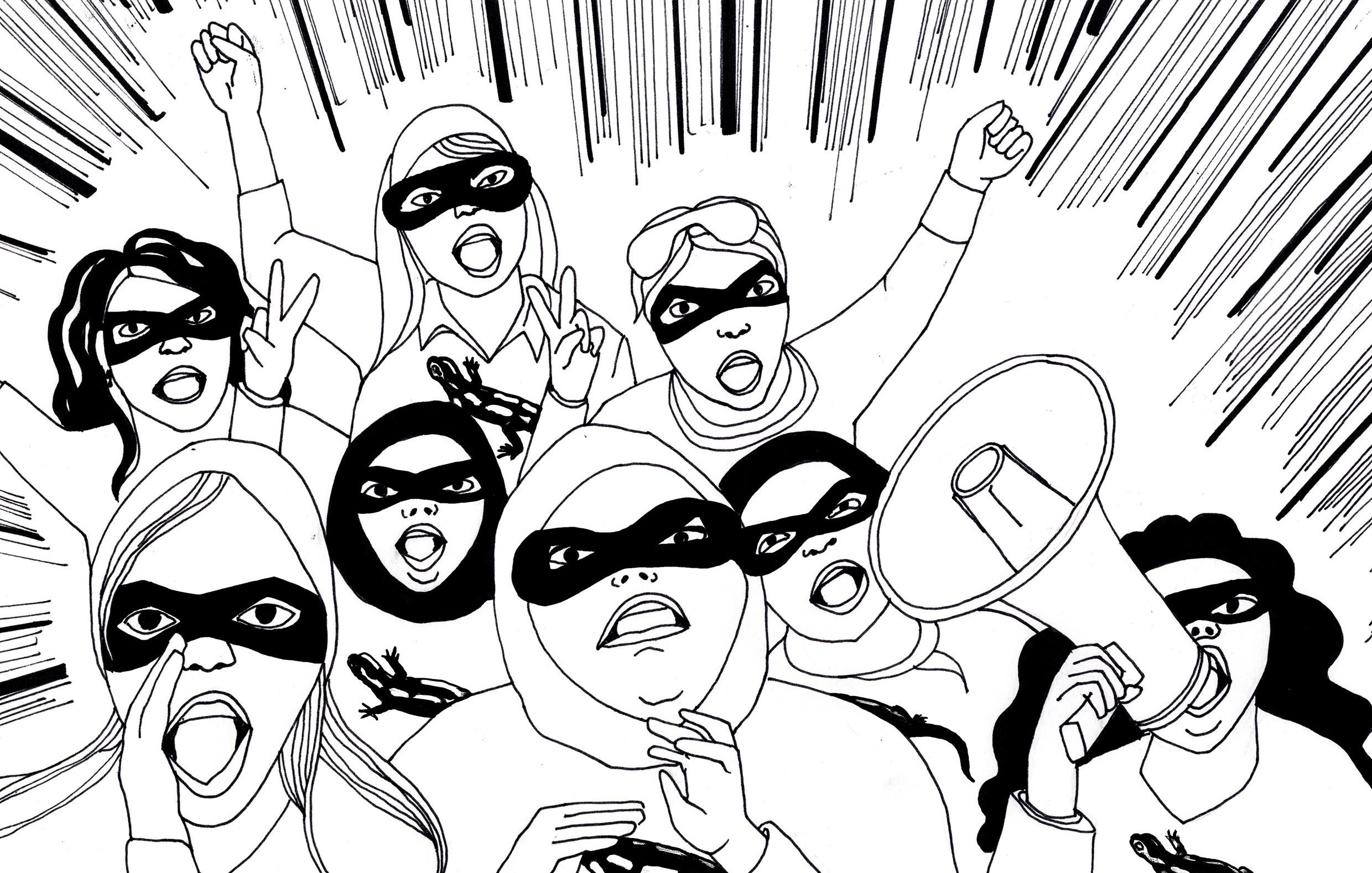 L'immagine rappresenta un gruppo di persone che indossano maschere nere e stanno esprimendo la loro energia e determinazione. Alcune alzano i pugni e altre fanno il segno della vittoria, mentre una persona tiene un megafono, suggerendo un'atmosfera di protesta o attivismo. Lo sfondo presenta linee dinamiche che accentuano il loro entusiasmo e la loro passione. L'illustrazione è in uno stile fumettistico, con contorni netti e priva di colori.