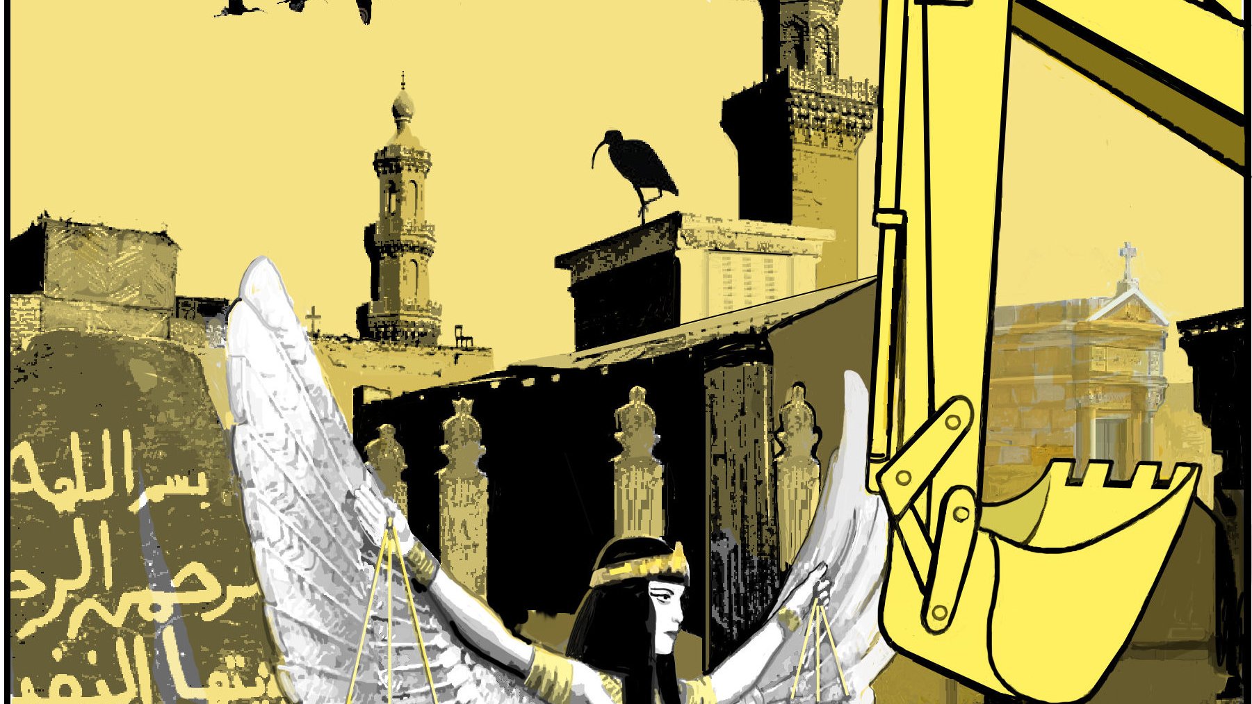 L'immagine presenta una figura femminile con ali bianche, che simboleggia la giustizia, con una bilancia tra le mani. Sullo sfondo si possono vedere edifici in stile architettonico tradizionale e una gru o escavatore in colore giallo, che sembra minacciare l'ambiente circostante. Volatili volano nel cielo, mentre ci sono anche elementi di croci e monumenti che suggeriscono un contesto di commemorazione o di memoria. L'opera combina simboli di giustizia con elementi di costruzione o distruzione, creando una contrapposizione tra giustizia e progresso.