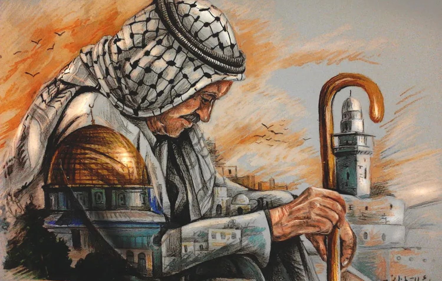 L'immagine rappresenta un anziano vestito con un kefiah, un tradizionale copricapo arabo, che si china pensieroso, appoggiandosi a un bastone. Sullo sfondo si scorge una vista di Gerusalemme, con la cupola dorata della Roccia e un minareto. I colori caldi del cielo, con sfumature arancioni e blu, creano un'atmosfera riflessiva e nostalgica. L'anziano sembra rappresentare saggezza e un profondo legame con la sua terra. L'opera trasmette emozioni di tristezza e speranza, evidenziando la storia e la cultura della regione.