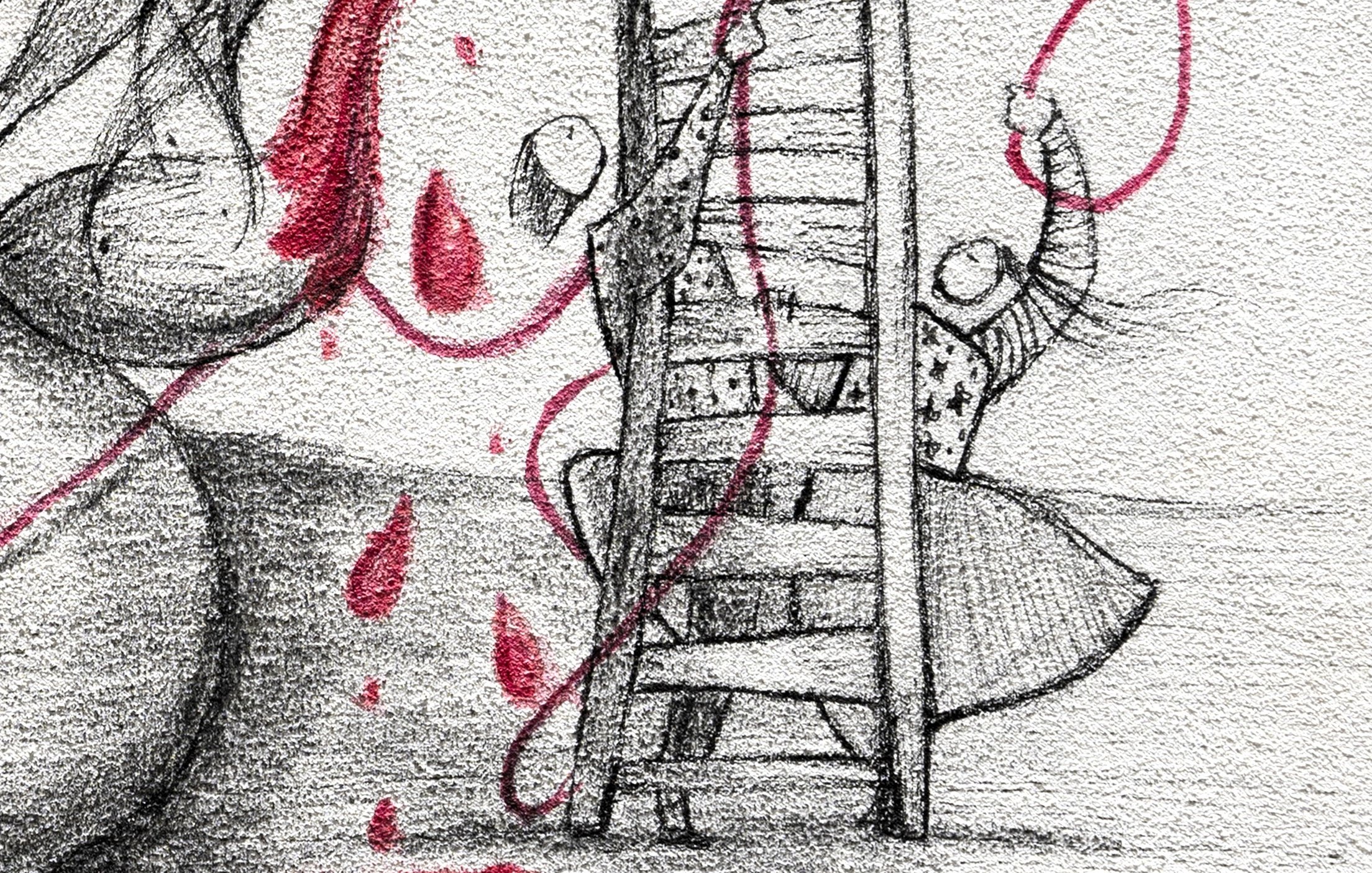 L'immagine presenta un disegno in bianco e nero con accenti di rosso. Al centro c'è una scala, e una figura umana sembra arrampicarsi, scrivendo o dipingendo con un oggetto rosso che macchia il fondo. Le macchie di rosso ricordano delle gocce di sangue, aggiungendo un elemento di intensità e drammaticità alla scena. La figura indossa un abbigliamento semplice e appare concentrata nel suo compito. Lo sfondo è minimalista, mettendo in risalto l'azione e l'emozione del momento.