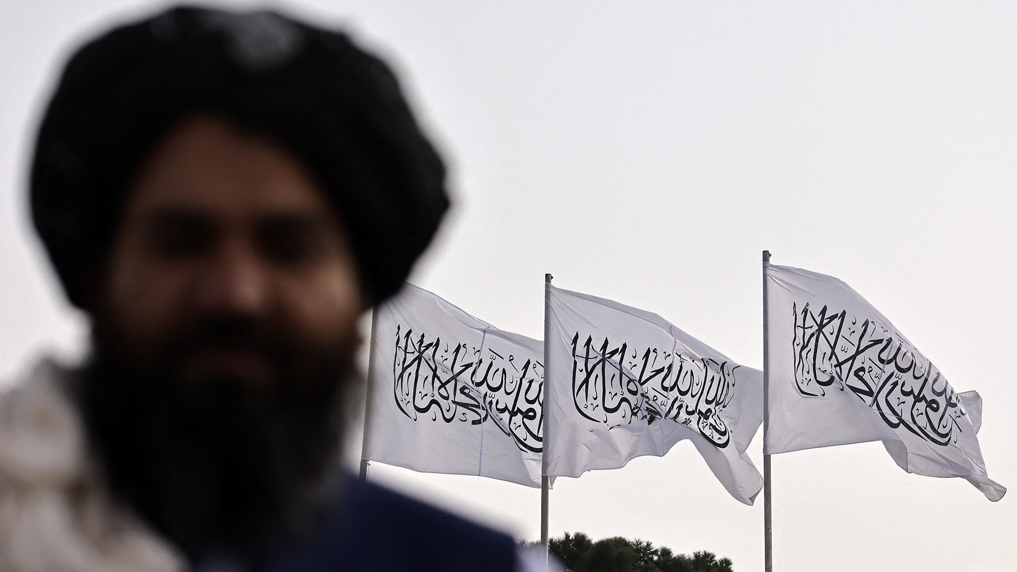 L'immagine mostra un uomo non completamente a fuoco in primo piano, con una folta barba e un turbante. Sullo sfondo, ci sono tre bandiere bianche che sventolano, ognuna recante un simbolo o una scritta. Le bandiere evocano un contesto culturale e politico specifico, tipico di alcune regioni. L'atmosfera è suggestiva e mette in risalto il contrasto tra il soggetto in primo piano e lo sfondo.