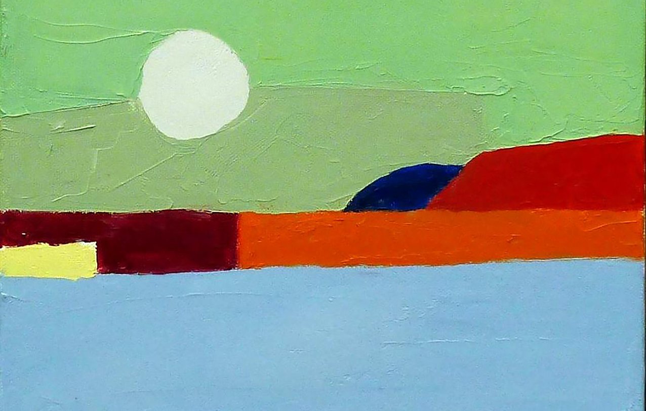 L'immagine mostra un paesaggio astratto caratterizzato da colori vibranti e forme semplici. In alto, un grande cerchio bianco rappresenta il sole, mentre lo sfondo è dipinto in tonalità di verde chiaro. La parte inferiore dell'immagine presenta un mare blu, sovrastato da una linea di terra in vari colori, tra cui rosso, arancione e blu. La composizione è minimalista e crea un senso di tranquillità e armonia.