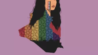 L'immagine presenta il profilo di una giovane donna, con capelli lunghi e mossi. La sua espressione è seria e contemplativa, e le lacrime scendono lungo il suo viso. Una delle lacrime è colorata con una bandiera arcobaleno, simbolo della comunità LGBTQ+. Sullo sfondo, si intravedono elementi architettonici stilizzati che sembrano appoggiare l'immagine principale. Il tutto è posto su uno sfondo viola, creando un contrasto forte e accattivante. L'opera sembra esprimere un messaggio di identità e lotta per i diritti.