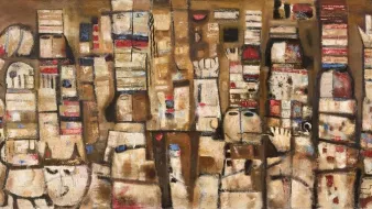 Opera astratta con forme geometriche e colori caldi, che evoca paesaggi e figure.