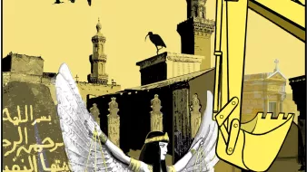 L'immagine presenta una figura femminile con ali bianche, che simboleggia la giustizia, con una bilancia tra le mani. Sullo sfondo si possono vedere edifici in stile architettonico tradizionale e una gru o escavatore in colore giallo, che sembra minacciare l'ambiente circostante. Volatili volano nel cielo, mentre ci sono anche elementi di croci e monumenti che suggeriscono un contesto di commemorazione o di memoria. L'opera combina simboli di giustizia con elementi di costruzione o distruzione, creando una contrapposizione tra giustizia e progresso.