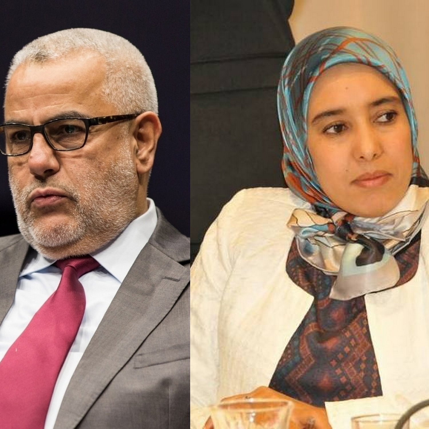 The image features two individuals side by side. On the left, a man is depicted wearing glasses and a gray suit with a red tie. He appears serious and is looking directly ahead. On the right, a woman is shown wearing a hijab and a white jacket. She is also looking forward, maintaining a composed expression. The background is neutral, focusing on the two figures.