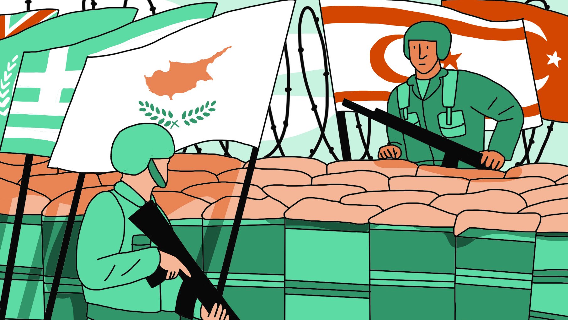 L'image représente une scène de tension militaire, où deux soldats portent des uniformes verts et se tiennent près d'une barricade de sacs de sable. En arrière-plan, on peut voir plusieurs drapeaux : celui de Chypre, ainsi que les drapeaux turc et nord-chypriote. Le décor évoque un contexte de conflit ou de séparation, symbolisé par la présence de barbelés. Les soldats semblent observer l'environnement, ce qui ajoute une dimension de vigilance et de confrontation à la scène.