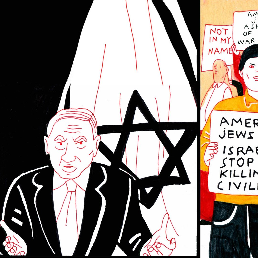 La imagen muestra un ambiente de protestas con varias personas holding carteles. En el lado izquierdo, hay una mujer sosteniendo un cartel que dice algo sobre Israel y los judíos del mundo. En el centro, se representa a una figura masculina que parece ser Netanyahu, rodeado de un fondo con el símbolo de la Estrella de David. A la derecha, hay otra persona con un cartel que expresa una declaración sobre judíos americanos y un llamado a detener el asesinato de civiles en Israel. La estética es colorida y gráfica, con un estilo de ilustración simplificado.