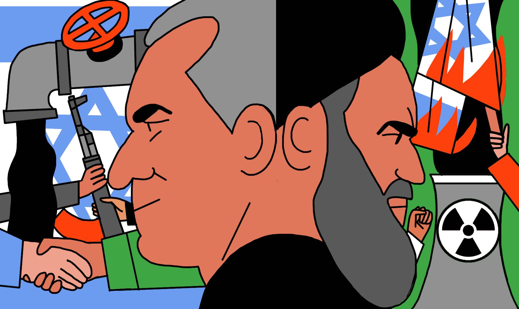 La imagen presenta un estilo gráfico en el que se pueden ver dos rostros en perfil, uno de ellos con cabello gris y el otro con barba oscura. Al fondo, se observan varios elementos que parecen simbolizar el conflicto, incluyendo una estrella de David, armas y señales de peligro, lo que sugiere una tensión geopolítica. La composición utiliza colores llamativos y formas simplificadas, transmitiendo una narrativa visual sobre la confrontación y las relaciones entre diferentes grupos o regiones.