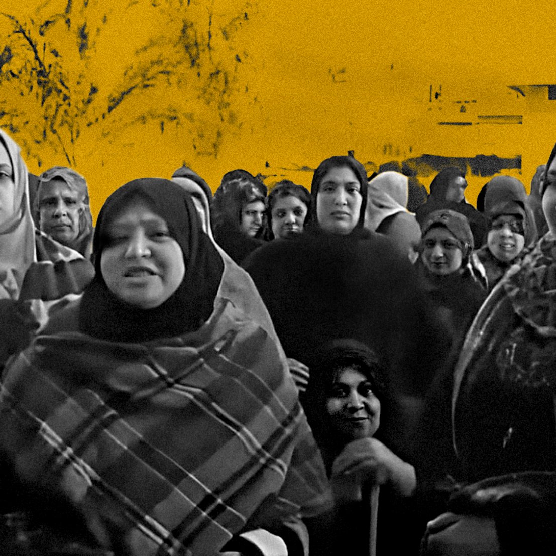 تصویر گروهی از زنان را نشان می‌دهد که در حال ایستادن و تماشای دوربین هستند. آنها لباس‌هایی به رنگ‌های تیره پوشیده‌اند و بسیاری از آنها روسری به سر دارند. در پس‌زمینه، تعدادی درخت و ساختمان‌ها قابل مشاهده‌اند که به رنگ زرد است. احساسات مختلفی از جمله جدیت و تمرکز در چهره‌های آنان نمایان است. فضای کلی تصویر به طور هنری پردازش شده است.