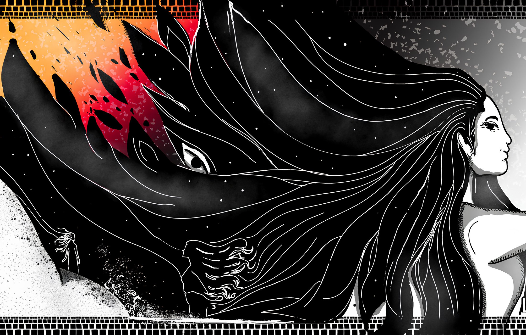 L'immagine presenta una composizione artistica in bianco e nero, caratterizzata da un forte contrasto. Sul lato sinistro, una figura con lunghi capelli scuri è rappresentata in profilo. I suoi capelli fluiscono e si intrecciano con elementi grafici che richiamano un'atmosfera di mistero, sembrando quasi fondersi con il fondo scuro. Sullo sfondo, vi è una texture di forme astratte e linee che creano un senso di movimento e profondità. La parte alta dell'immagine presenta toni di rosso che possono suggerire passione o conflitto, mentre l'atmosfera complessiva trasmette un senso di introspezione e forza emotiva.