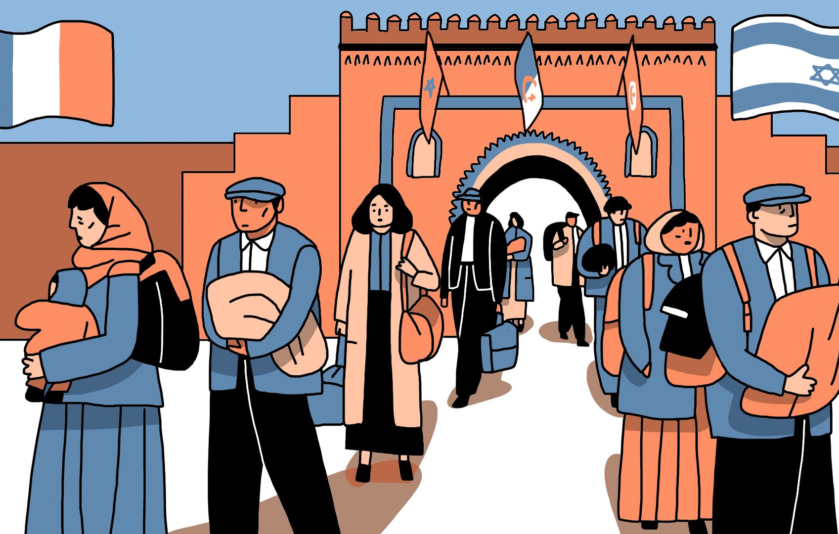 L'image montre un groupe de personnes marchant dans une rue animée, avec une architecture colorée en arrière-plan. Certaines personnes portent des vêtements traditionnels, d'autres des tenues modernes. On remarque également des drapeaux français et israéliens flottant. Le groupe semble traverser un passage avec des arches, suggérant un lieu historique ou culturel. Les expressions des personnes sont variées, allant de la détermination à la douceur, et certaines portent des enfants ou des bagages.