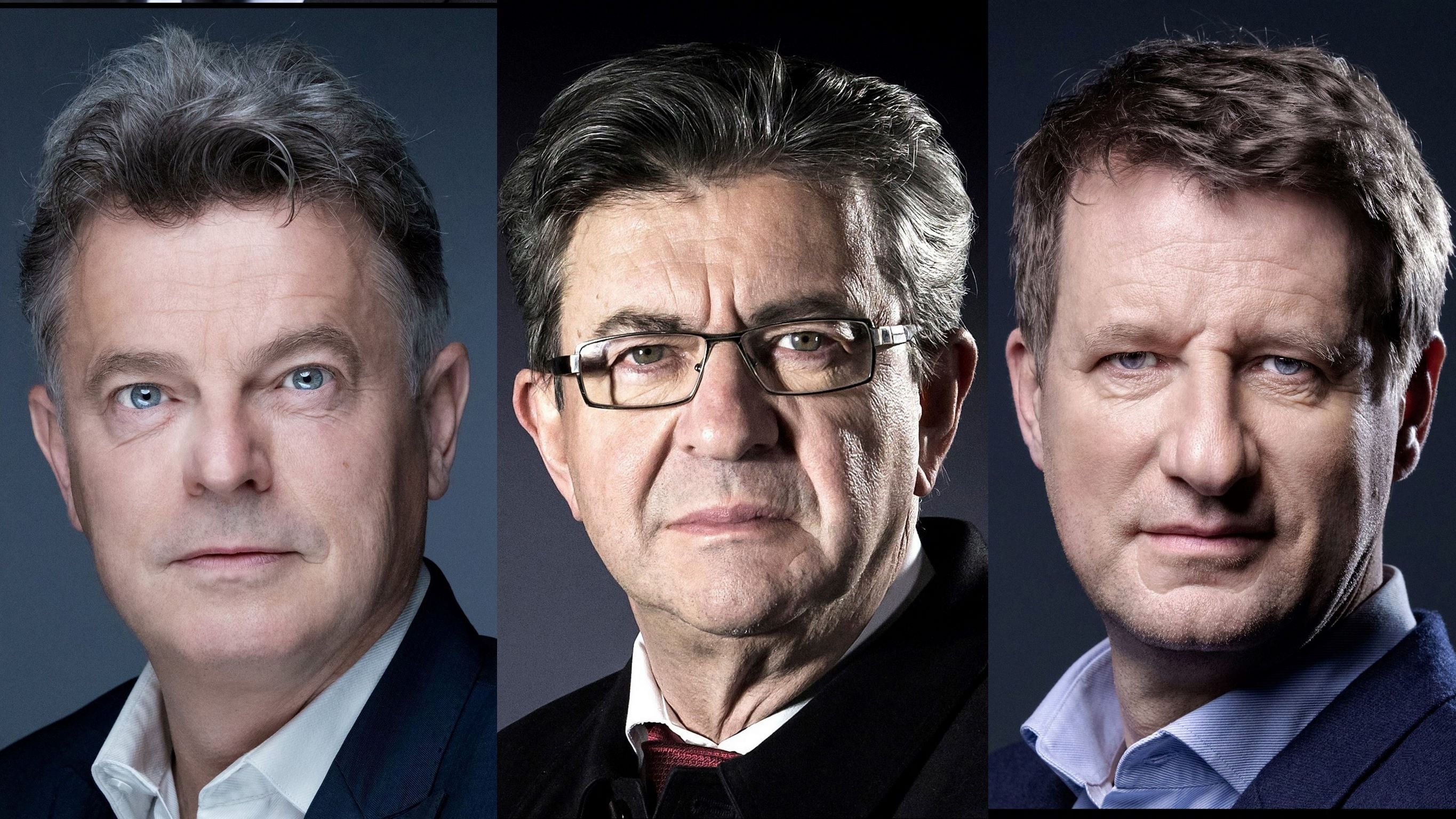 The image features three middle-aged men, each presented in a portrait style. 1. The man on the left has short, slightly tousled gray hair and blue eyes, wearing a dark blazer over a light shirt. He has a serious expression and is looking directly at the camera. 2. The middle man has darker hair, glasses, and a more somber look. He is wearing a dark coat over a collared shirt and appears to have a thoughtful expression. 3. The man on the right has light brown hair and blue eyes, dressed in a dark suit. He also gazes directly at the camera with a composed demeanor. The background of the image is neutral, which helps to focus attention on the subjects.