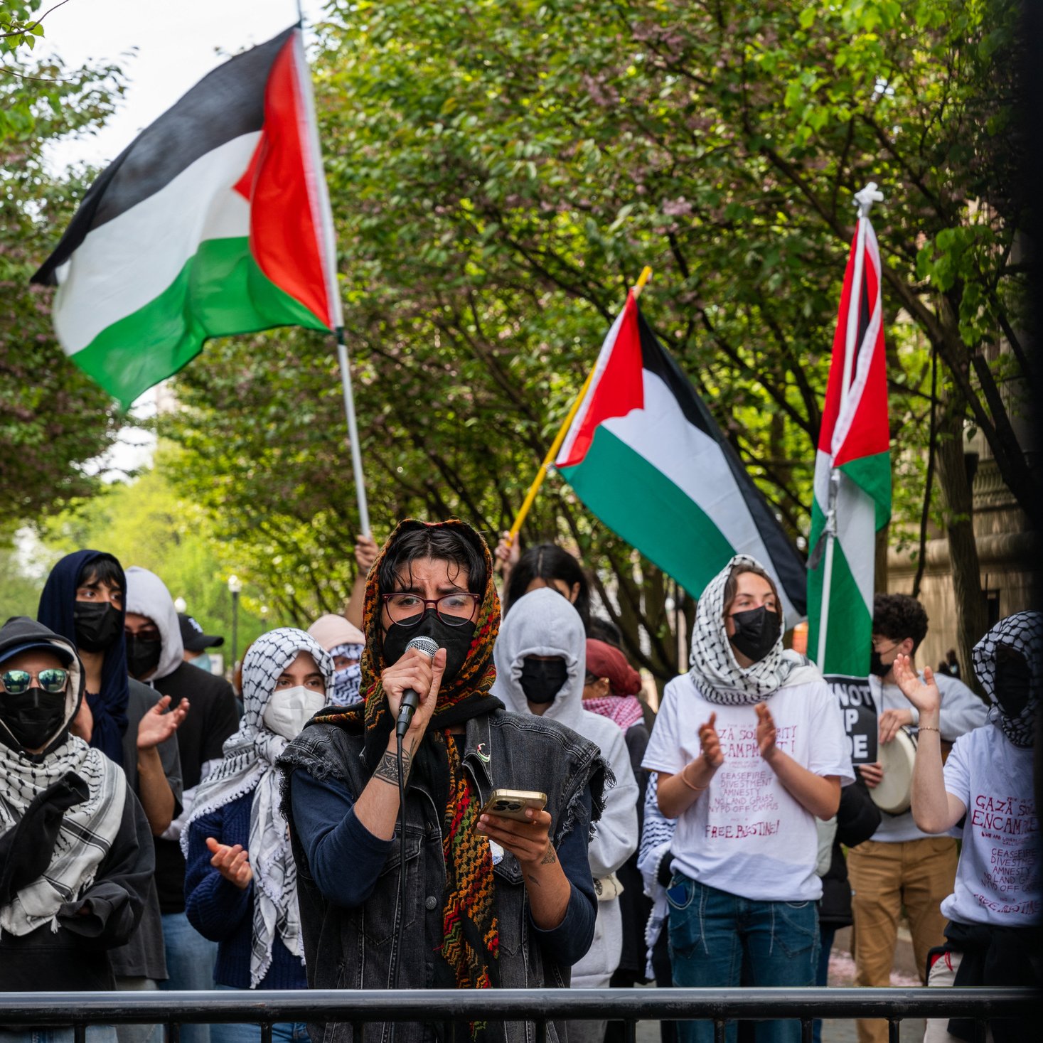 در این تصویر، گروهی از معترضان مشاهده می‌شوند که در خیابانی با درختان سبز تجمع کرده‌اند. چند نفر از آنها پرچم‌های فلسطینی را در دست دارند. یکی از افراد در جلو، میکروفون را در دست دارد و به نظر می‌رسد در حال سخنرانی است. اکثر معترضان پوشیده از چادر یا روسری هستند و ماسک زده‌اند. برخی از افراد نیز در حال تشویق و حمایت از سخنران هستند. جو کلی تصویر نشان‌دهنده احساس همبستگی و اعتراض به موضوعات مربوط به فلسطین است.