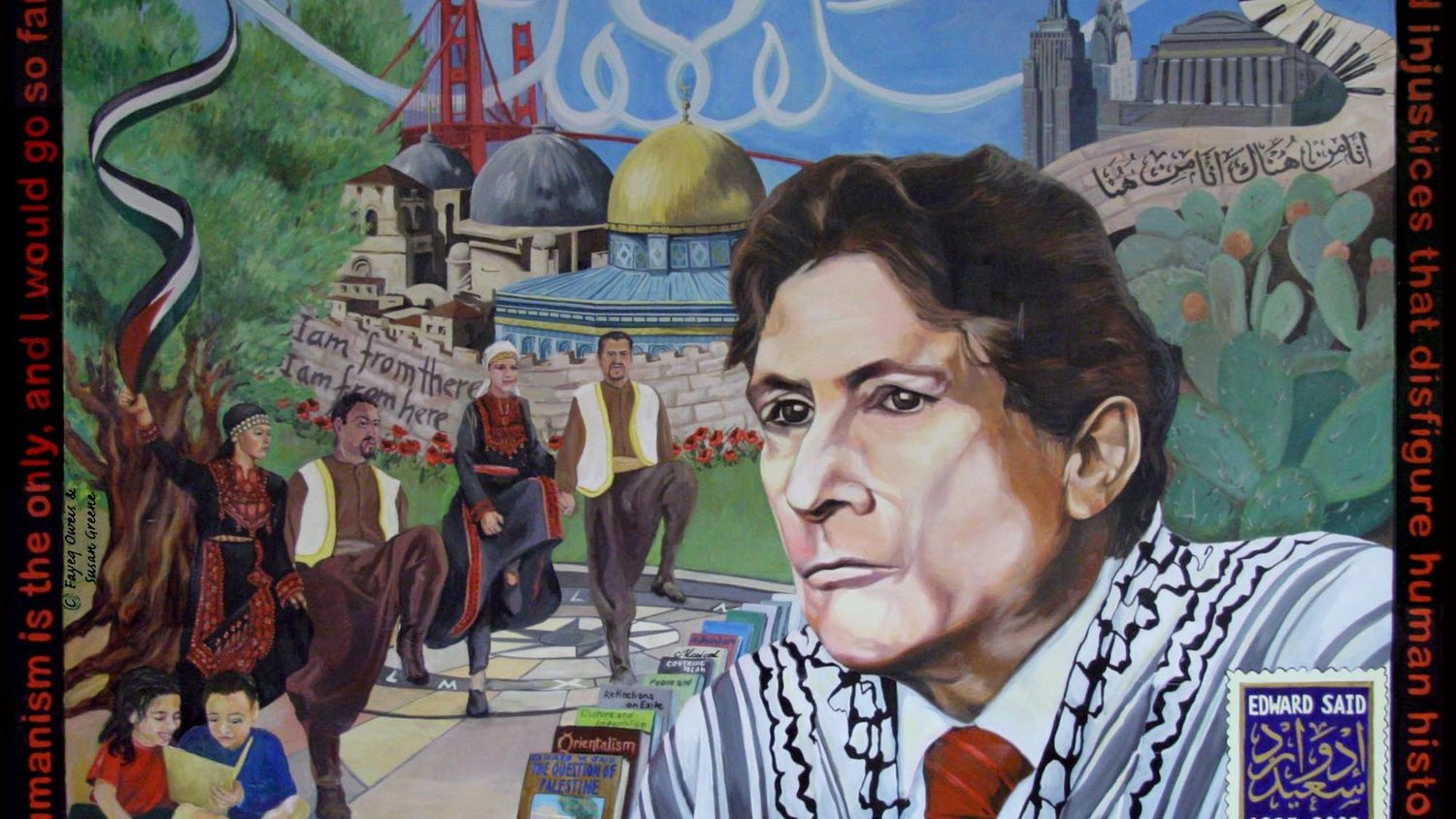 این تصویر یک طراحی هنری است که شامل تصاویری از شخصیت‌ها و نمادهای مختلف است. در مرکز تصویر، چهره‌ای از یک شخصیت معنا دار به تصویر کشیده شده که با نگاه جدی و متفکرانه به سمت بیننده نگاه می‌کند. پشت سر او، معماری‌هایی از شهرهای مختلف و مکان‌های تاریخی مانند پل گلدن گیت و مسجدی بزرگ نمایان است. در بخش‌های دیگر تصویر، افرادی در لباس‌های سنتی در حال حرکت هستند. متن‌هایی به زبان انگلیسی و یا عربی در اطراف تصویر وجود دارد که به مباحث انسانی و اجتماعی اشاره دارند. تاریخ‌های 1935 تا 2003 نیز در پایین تصویر درج شده که نشان‌دهنده زندگی یا آثار شخصیتی خاص است.