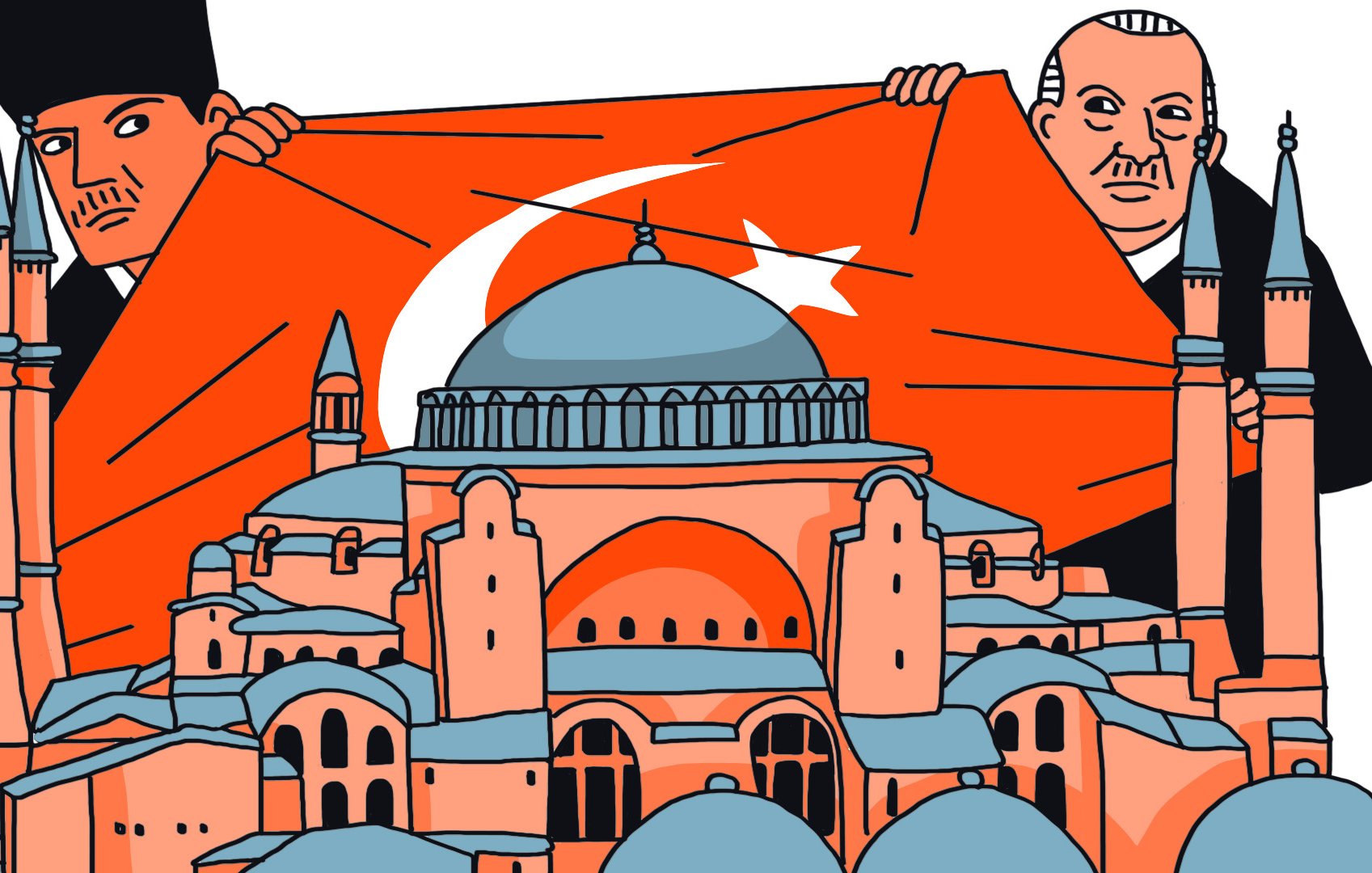 L'immagine mostra due personaggi che tengono in alto una grande bandiera turca rossa con una stella e una mezzaluna bianche. Sullo sfondo, si vede la famosa Basilica di Santa Sofia, rappresentata in modo stilizzato con una cupola e minareti. I colori predominanti comprendono l'arancione della bandiera e il blu della cupola, creando un forte contrasto visivo. La scena evoca un senso di orgoglio nazionale e si riferisce a elementi storici e culturali della Turchia.