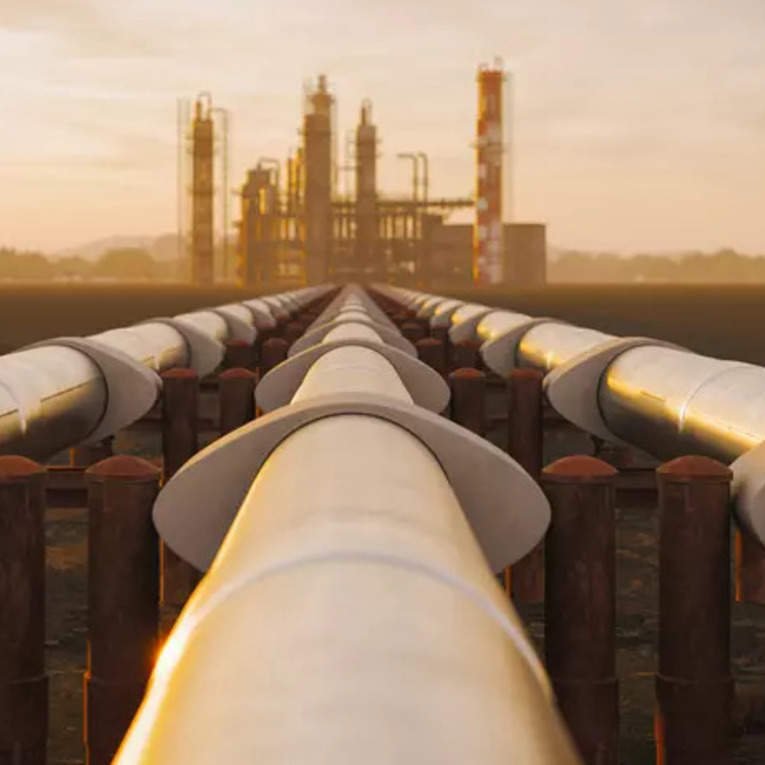 The image features a series of large pipelines leading towards a distant industrial facility, likely a refinery or processing plant. The foreground showcases the pipes arranged in a linear perspective, drawing the viewer's eye toward the structure in the background. The setting is illuminated by a warm, golden light, suggesting either sunrise or sunset, which creates an atmospheric and industrial ambiance. The landscape around the pipes appears open, possibly indicating a rural or undeveloped area.