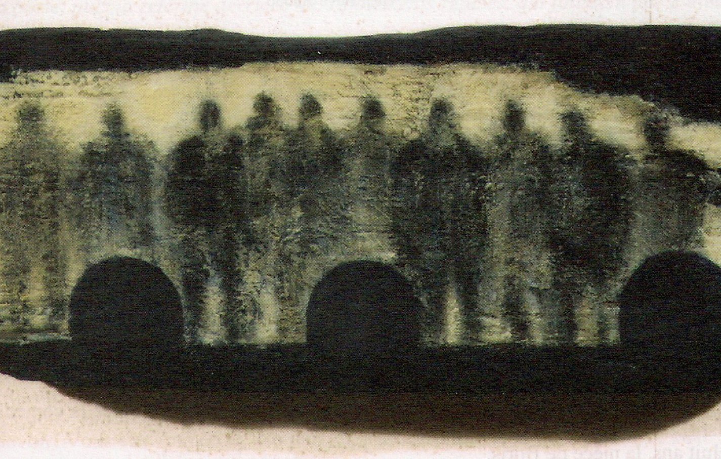 The image depicts a dark stone or slab with a textured surface. On the stone, there are lighter silhouettes that resemble human figures, arranged in a line. The figures appear shadowy and lack distinct features, creating an enigmatic and ghostly effect. Below the silhouettes, there are two arch-like shapes that could represent openings or doorways, adding depth to the composition. Overall, the piece evokes a sense of mystery and abstraction.