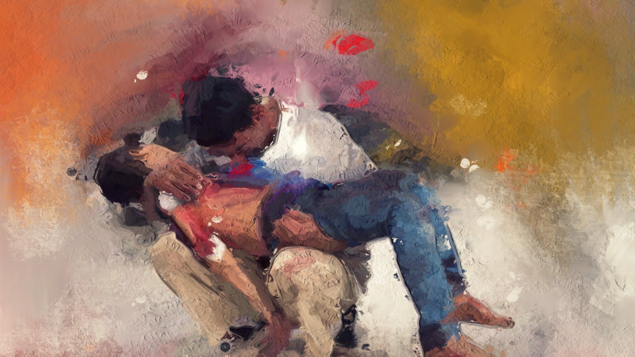 L'image représente une scène expressive et colorée, où deux personnages semblent être en interaction intime. Les coups de pinceau et les couleurs vives créent une atmosphère émotive. L'un des personnages est penché, tandis que l'autre est soutenu, ce qui suggère un moment de connexion profonde. L'arrière-plan abstrait, avec des teintes chaudes et froides, renforce l'intensité de la scène. L'œuvre évoque des sentiments de tendresse et d'émotion.