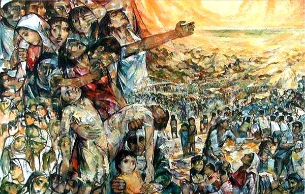 الصورة تمثل مشهدًا يعكس الصراعات الإنسانية والمعاناة التي يعيشها الناس. تتضمن عدة شخصيات يعبرون عن مشاعر الحزن والألم، حيث يظهر بعضهم وهم يرفعون أيديهم كطلب للمساعدة أو الاستغاثة. الخلفية تحتوي على مشهد طبيعي يمتد، يضيف شعورًا بالاتساع والاغتراب. الألوان المستخدمة تعكس الحدة والتوتر، مما يعكس الدرامية والعمق النفسي لما يحدث في الصورة. تعبر الصورة بشكل قوي عن القضايا الاجتماعية والإنسانية.