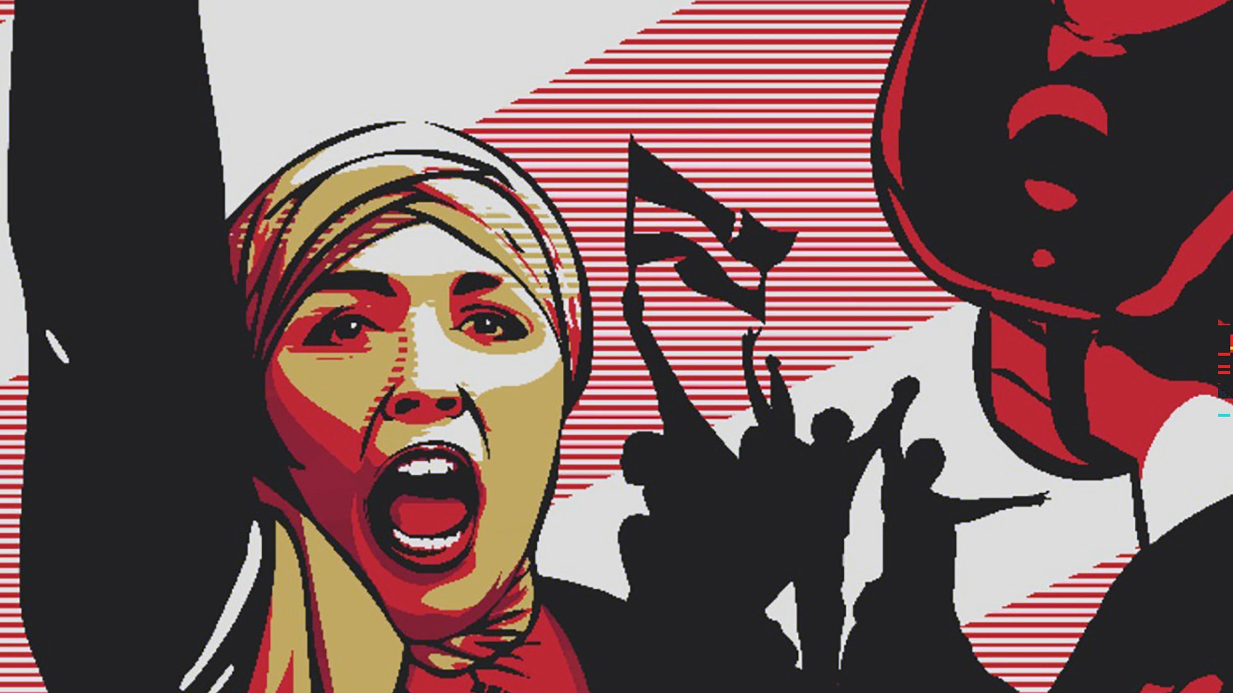 L'image présente une scène dynamique et expressive. Au premier plan, on peut voir une jeune femme levant le poing en l'air, manifestant une forte émotion, probablement de la détermination ou de la révolte. Elle porte un foulard, ce qui peut suggérer un contexte culturel ou politique. En arrière-plan, des silhouettes de personnes semblent défiler, brandissant des drapeaux, créant une atmosphère de protestation ou de mouvement social. Les couleurs dominantes sont le rouge et le noir, ajoutant à l'intensité de la scène. L'ensemble dégage une énergie militante et engagée.