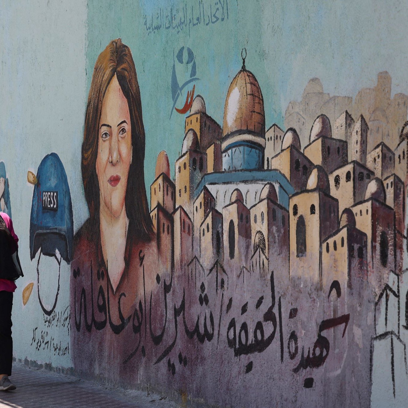 در این تصویر، دو زن در حال پیاده‌روی در کنار دیواری هستند که روی آن یک نقاشی بزرگ از یک زن به تصویر کشیده شده است. زن نقاشی شده دارای چهره‌ای جدی و نگاه مستقیمی به بیننده است. او کلاه جلوی سرش را به شکل نمادین به نشانه خبرنگاری به رنگ آبی دارد. در پس‌زمینه، ساختمان‌ها و کوچه‌ها به صورت هنری و با رنگ‌های ملایم به تصویر درآمده‌اند. همچنین در پایین نقاشی، نوشته‌ای به عربی دیده می‌شود که به معنای «حقیقت» است. محیط دور و بر حس زندگی شهری و فرهنگی را منتقل می‌کند.