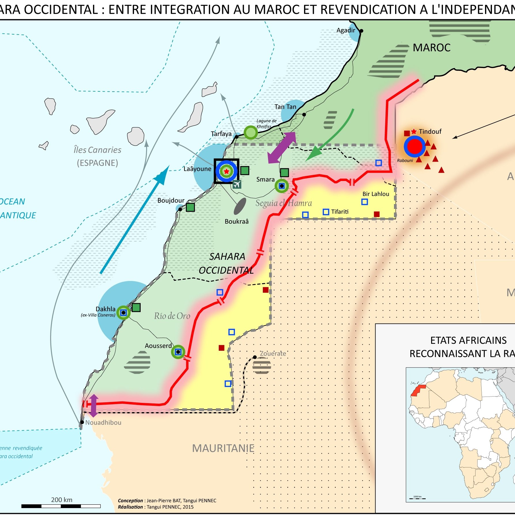 Cette image est une carte du Sahara Occidental, illustrant la situation géographique et politique de la région. Les frontières entre le Maroc et le Sahara Occidental sont indiquées par une ligne rouge. On y voit également des villes et des régions clés, ainsi que des zones marquées pour indiquer les revendications et l'intégration par le Maroc. De plus, la carte mentionne les États africains qui reconnaissent la République arabe sahraouie démocratique (RASD). Les éléments tels que les océans, les rivières et les principales routes sont également présents, fournissant un contexte géographique.