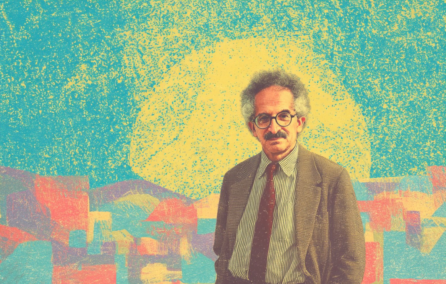 Uomo con occhiali e cravatta, in un ambiente colorato con un grande sole sullo sfondo.