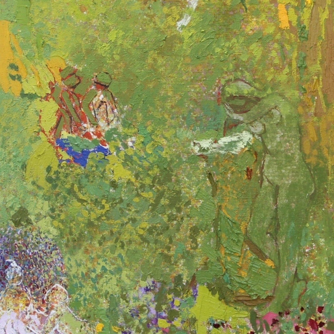 Une scène de nature vibrante avec des formes humaines floues et des couleurs éclatantes.