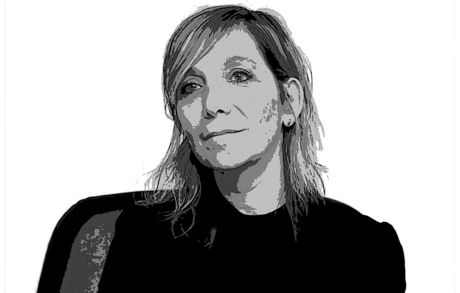 The image depicts a woman with shoulder-length, tousled hair, wearing a black top. She is seated, with her arms crossed, and has a contemplative expression on her face. The background is plain and light, which contrasts with her darker clothing. The overall style of the image has a graphic or artistic quality.