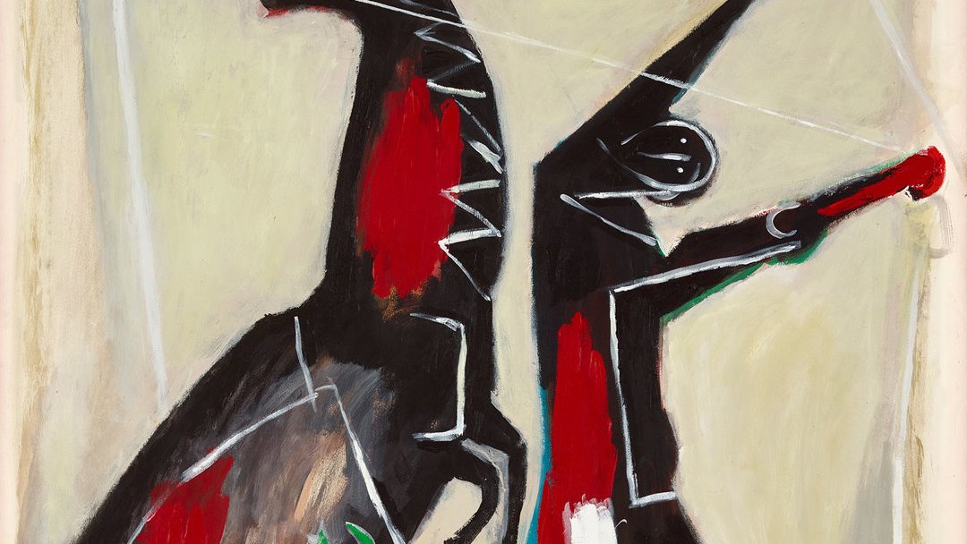 تظهر في هذه الصورة لوحة فنية عصرية تحتوي على شكلين رئيسيين: حصان ورجل، حيث يظهر الحصان بلون داكن مع تفاصيل حمراء وزخارف بسيطة، بينما يقف الرجل في وضعية حركة، ممسكًا بأداة تشبه البوق أو السلاح. اللوحة تعكس أسلوبًا تجريديًا حيث يتم استخدام الألوان القوية والجميلة بشكل يعبر عن الحركة والحيوية. تتداخل الأشكال بشكل ديناميكي، مما يعطي انطباعًا بالتفاعل بين الرجل والحصان، وهو ما يعكس روح القوة والطاقة.