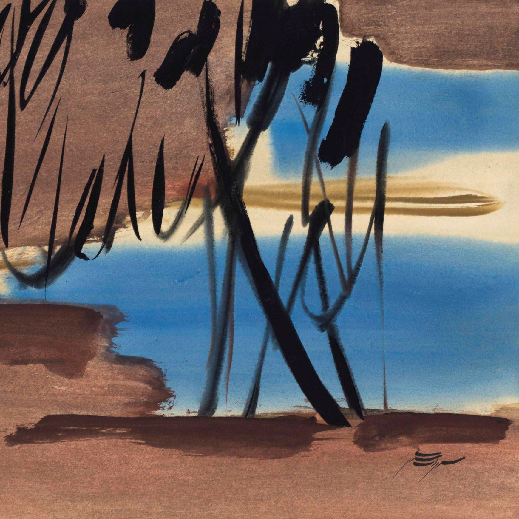 این تصویر یک اثر هنری انتزاعی به نظر می‌رسد. در پس‌زمینه، رنگ‌های قهوه‌ای و آبی به خوبی ترکیب شده‌اند. خطوط تیره و کشیده، مانند سایه‌هایی از درختان یا عناصر طبیعی، در تصویر حضور دارند. فضای کلی کار حس آرامش و سادگی را منتقل می‌کند و تضاد بین رنگ‌ها در آن قابل توجه است. طراحی به شکل آزاد و غیرمتعارف، نظر بیننده را جلب می‌کند و به احساسات مختلفی منجر می‌شود.