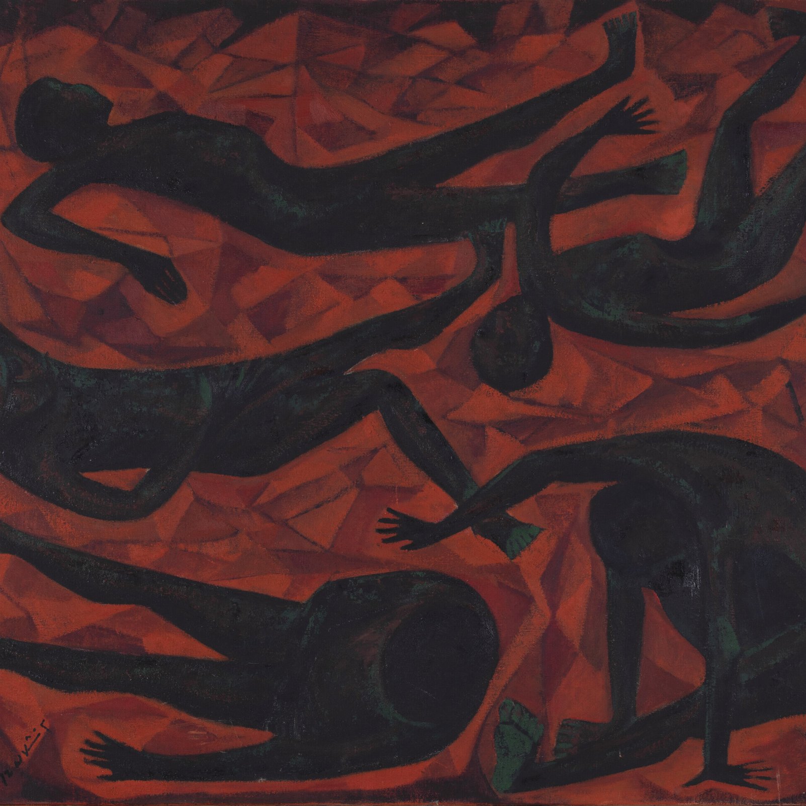La imagen muestra una composición abstracta en tonos rojos y oscuros. Se pueden observar varias figuras humanas que parecen estar en diferentes posiciones, representando un sentido de movimiento o lucha. Las figuras son de color negro y están dispuestas de manera que contrastan con el fondo vibrante. La textura y las formas geométricas del fondo añaden profundidad y emoción a la obra. La escena transmite una sensación de tensión y dinamismo.