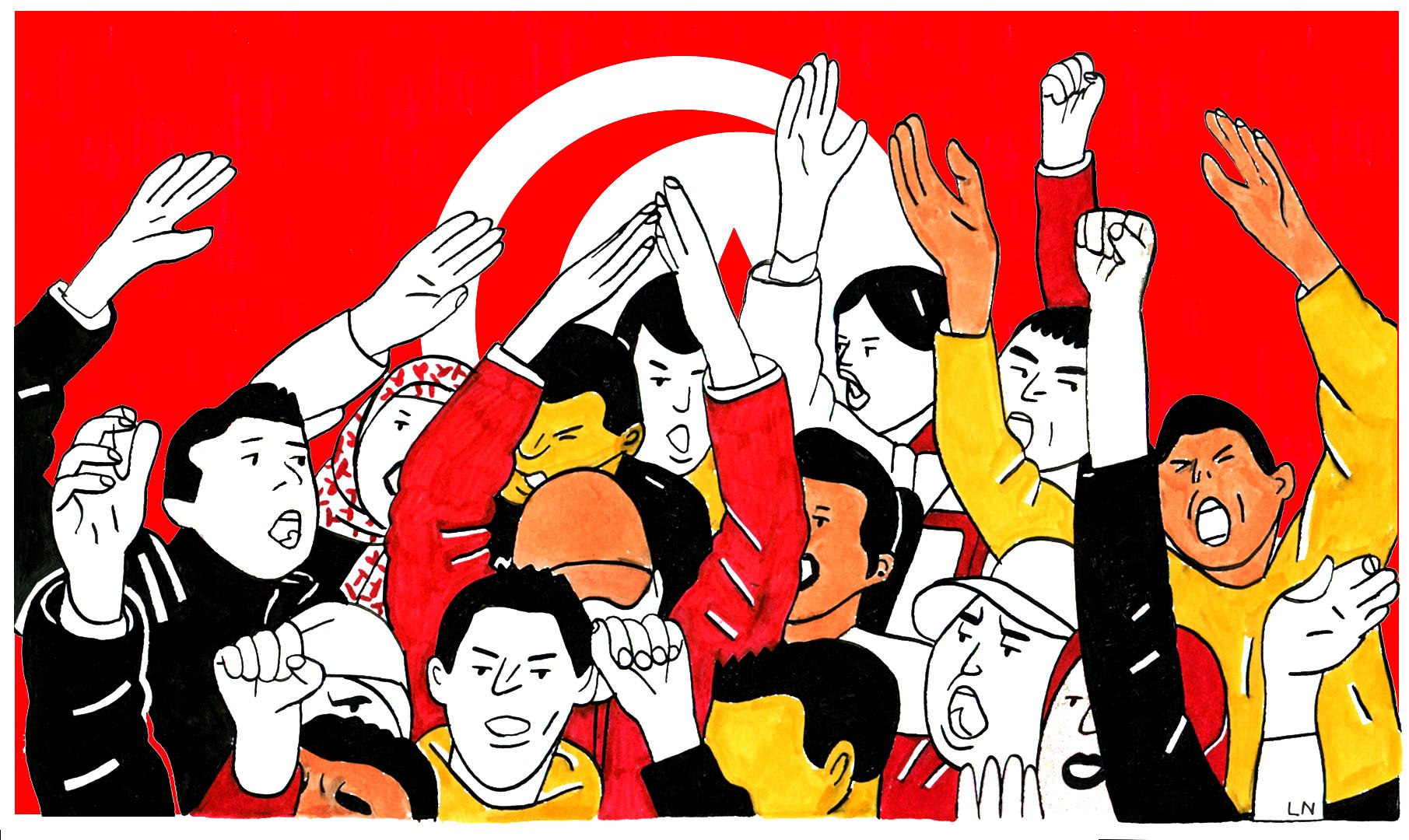 L'image montre un groupe de personnes levant les bras et exprimant des émotions fortes, probablement dans un contexte de manifestation ou de rassemblement. Le fond est orné d'un grand drapeau rouge avec un symbole caractéristique. Les visages sont expressifs, illustrant la passion et l'engagement des participants. On peut observer une diversité dans les vêtements et les expressions, reflétant un sentiment collectif et une volonté d'unité.