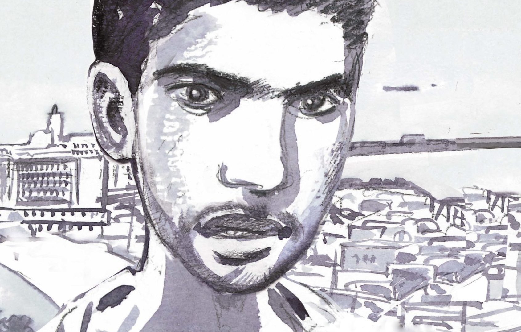 L'image représente un portrait stylisé d'un jeune homme. Ses traits sont dessinés de manière expressive, avec un fort contraste de noir et blanc. Il a un regard intense et sérieux, et son expression semble contemplative. En arrière-plan, on aperçoit une ville, suggérant une vue urbaine étendue. Les détails du paysage sont esquissés de manière abstraite, ce qui met l'accent sur le visage du jeune homme.