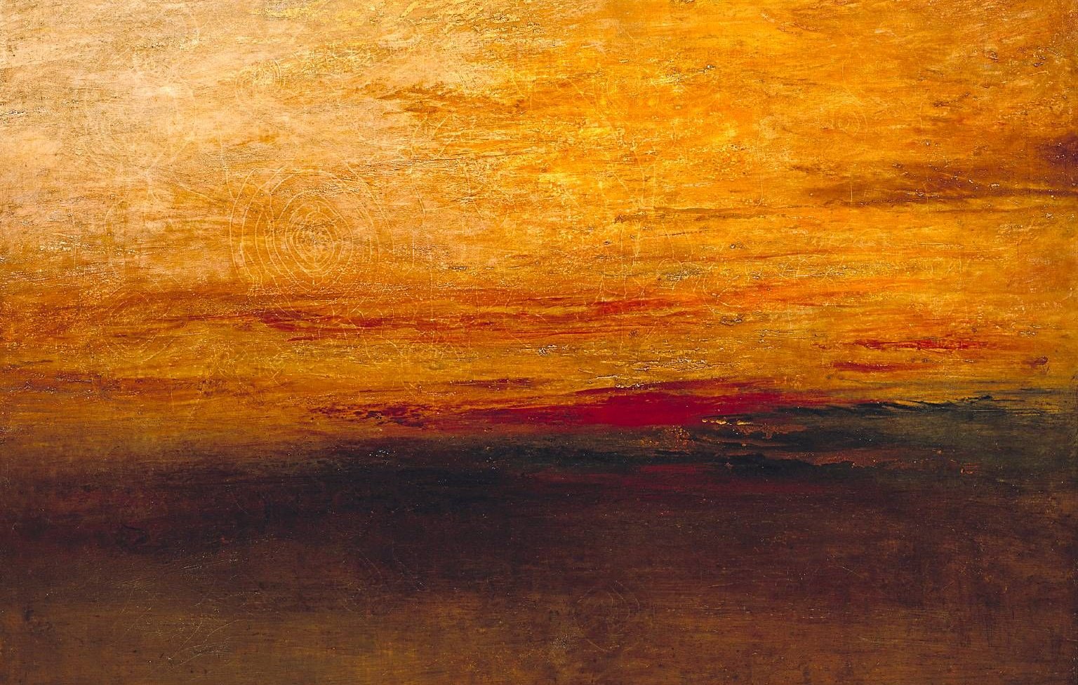 L'image représente un paysage abstrait dominé par des teintes chaudes de jaune, d'orange et de rouge, évoquant un coucher de soleil. Les couleurs semblent se fondre les unes dans les autres, créant une atmosphère douce et apaisante. Le bas de l'image présente des nuances plus sombres, suggérant une mer ou un horizon. L'ensemble donne une impression de calme et de sérénité, tout en mettant en valeur la beauté naturelle du ciel.
