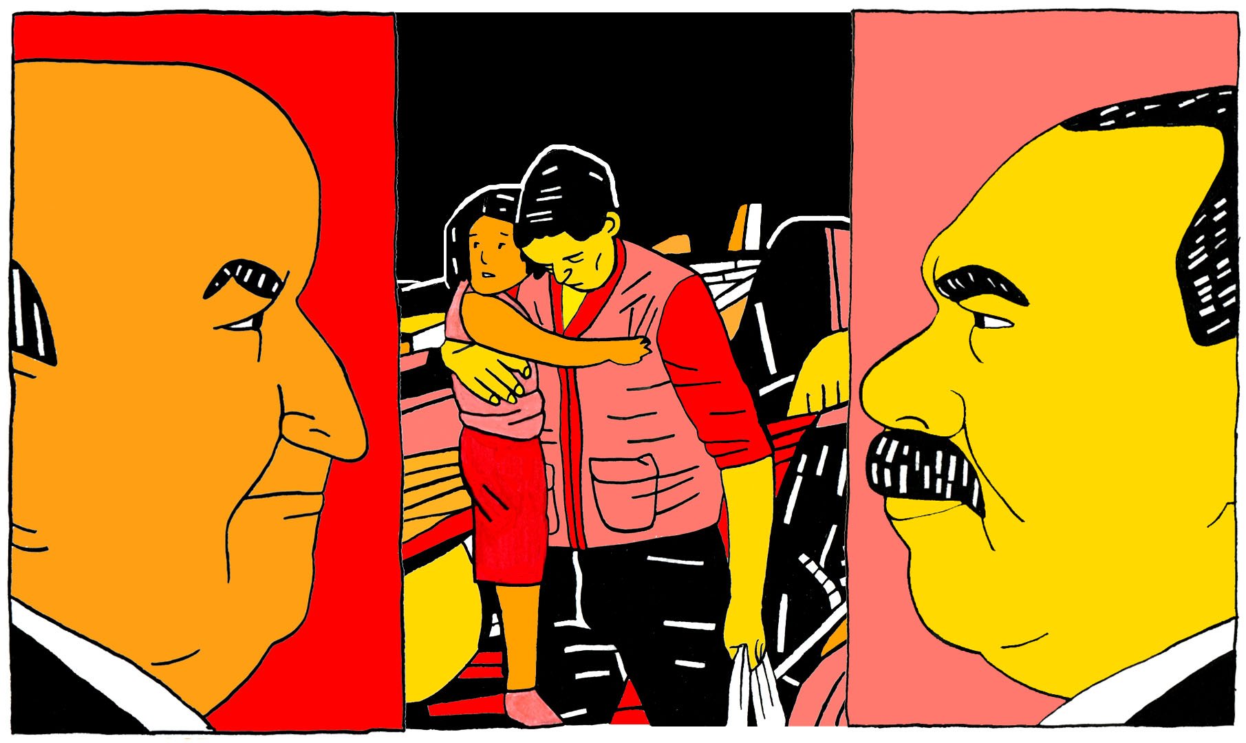 L'image présente une composition en trois parties. Sur le côté gauche, il y a un visage en gros plan, stylisé, qui pourrait symboliser une figure importante ou un leader. La partie centrale montre une scène émotive où un homme porte une enfant dans ses bras, soulignant un moment de tendresse ou de protection. À droite, un autre visage est également stylisé, avec des traits marqués, semblant exprimer une certaine gravité. L'ensemble de l'image utilise des couleurs vives et un style graphique simplifié.