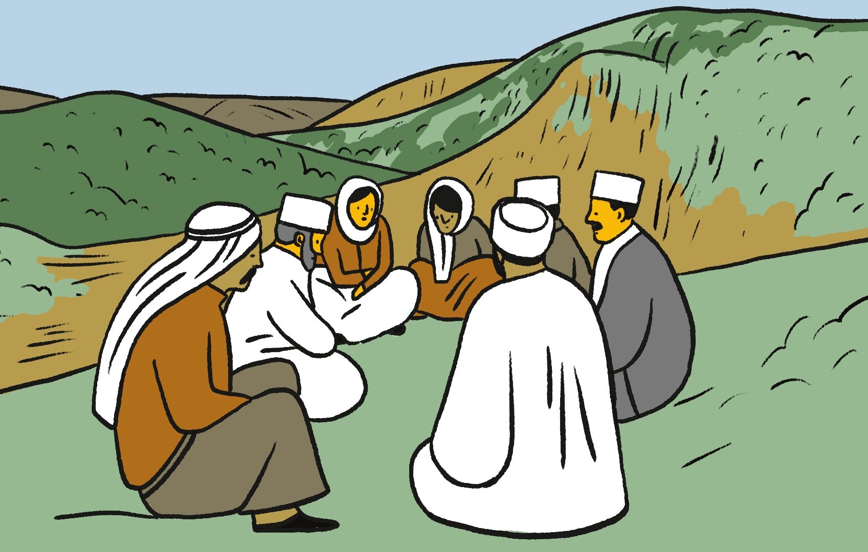 تظهر الصورة مجموعة من الأشخاص جلوسًا في حلقة على الأرض في منطقة طبيعية، تحيط بهم تلال خضراء. يرتدي الرجال ملابس تقليدية تشمل العمائم، في حين أن النساء يلبسن أزياء تقليدية أيضًا. يبدو أنهم engaged في حوار أو مناقشة، مما يعطي انطباعًا عن التقاليد الاجتماعية والترابط داخل المجتمع. الجو هادئ وطبيعي.