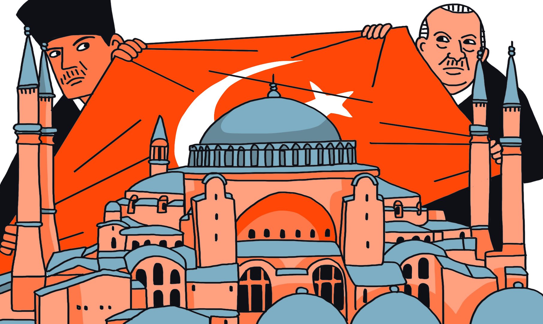 La imagen muestra a dos hombres sosteniendo una gran bandera de Turquía, que tiene una estrella y una luna en su centro. Detrás de ellos se encuentra la famosa estructura de la Hagia Sophia, con su distintiva cúpula y minaretes. La escena está representada en un estilo gráfico, con colores predominantes en tonos naranja, azul y gris, lo que le da un aire moderno y estilizado.