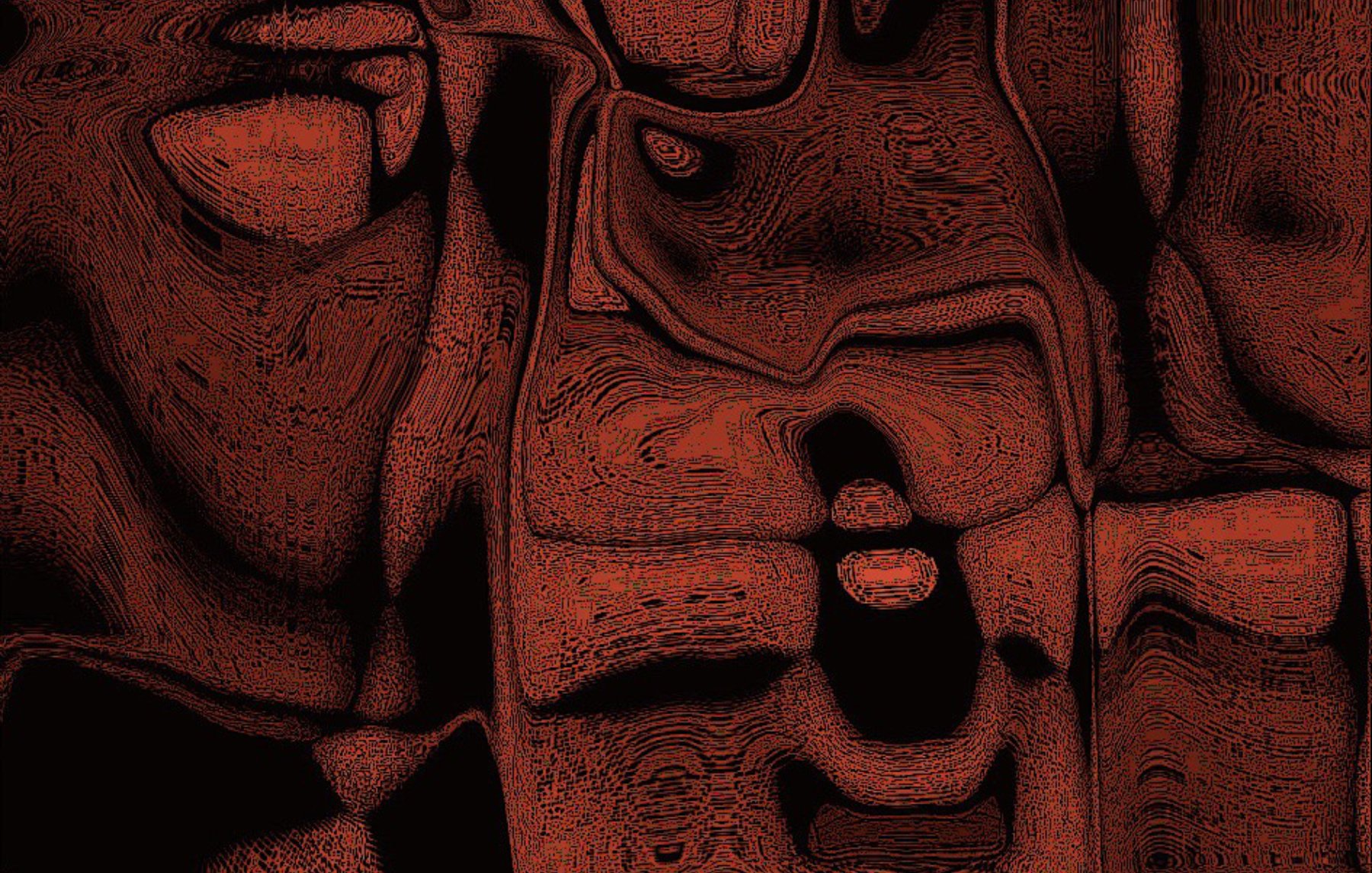 The image features a complex, abstract design characterized by swirling patterns and textures. It predominantly uses deep reds and blacks, creating a rich, layered effect. The shapes appear almost fluid, with a sense of movement and depth, reminiscent of natural elements like lava or molten materials. Overall, it evokes a striking and intense visual experience.