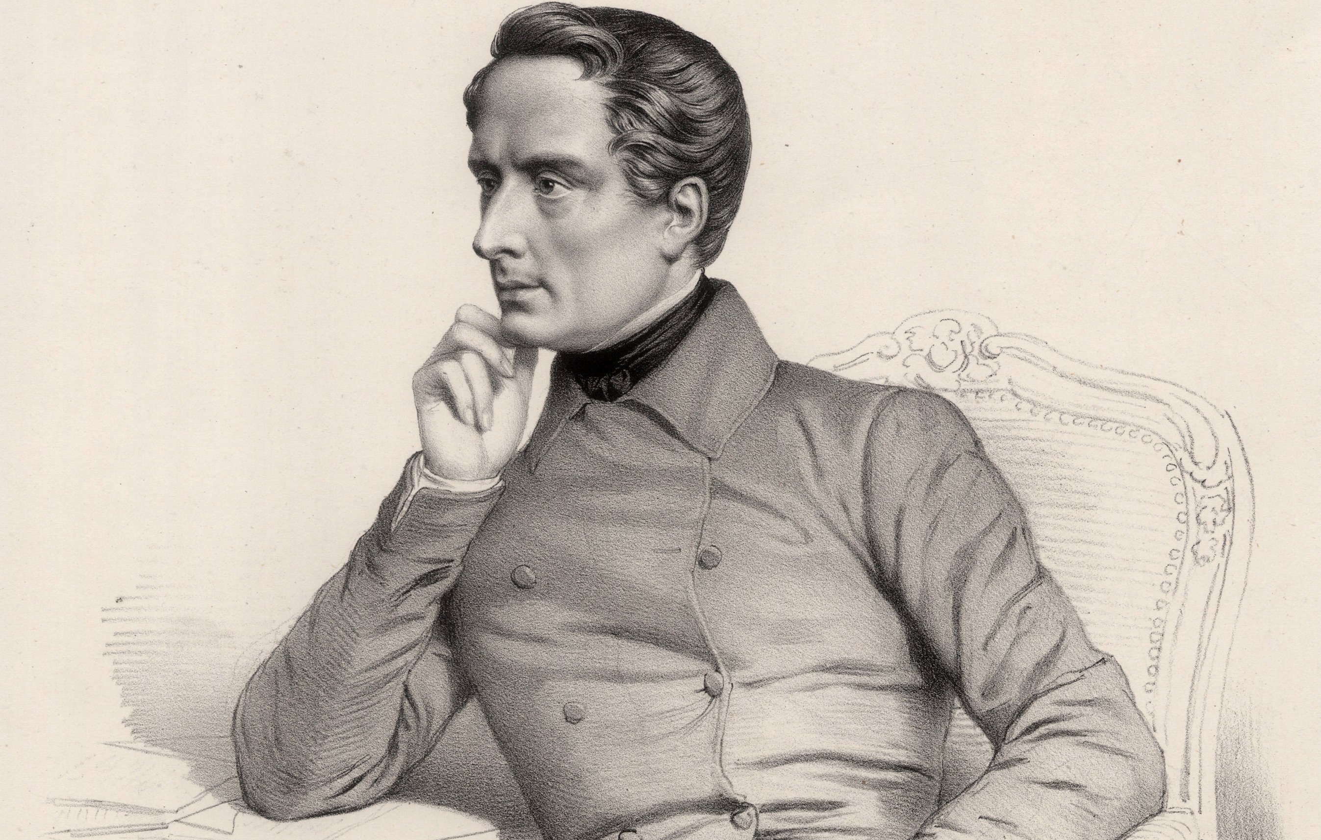 The image features a seated man in a contemplative pose. He has a thoughtful expression, resting his chin on his hand. The man is dressed in a buttoned coat and appears to be in a relaxed yet poised position on an ornate chair. The illustration has a classic, formal style, indicating a historical context. The background is simple, focusing the attention on the figure.