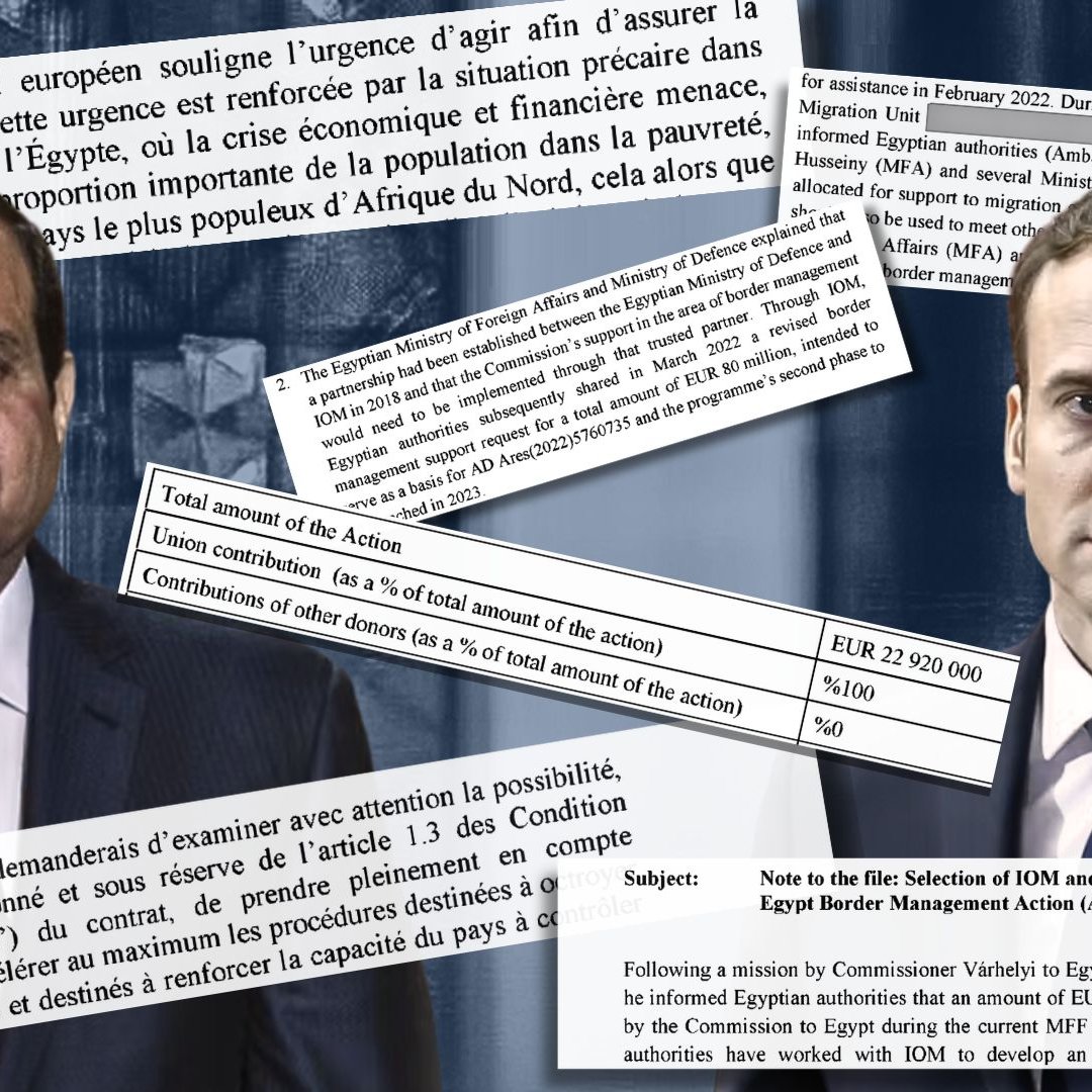 La imagen parece consistir en un collage que incluye fotografías de dos líderes políticos: uno de ellos es un hombre con un traje oscuro y una corbata que probablemente sea un presidente, y el otro también es un hombre con un atuendo formal. Además, hay documentos o textos superpuestos que contienen información, números y referencias a acuerdos o acciones relacionados con la economía, la migración y la gestión de fronteras en Egipto. También se mencionan diferentes montos de dinero en euros, lo que sugiere un enfoque en la financiación o el apoyo financiero entre los países involucrados. El fondo de la imagen incluye textos en francés y posiblemente en inglés, lo que indica una colaboración o un diálogo internacional.