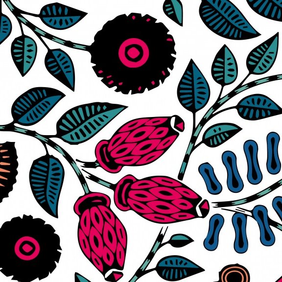 L'image présente un motif floral coloré sur fond blanc. On y aperçoit diverses fleurs stylisées, telles que des fleurs noires et des fleurs dans les tons rose et orange. Les tiges et les feuilles, d'un vert vif, s'entrelacent avec des formes organiques en bleu. L'ensemble crée une composition dynamique et graphique, évoquant une ambiance joyeuse et pleine de vie.